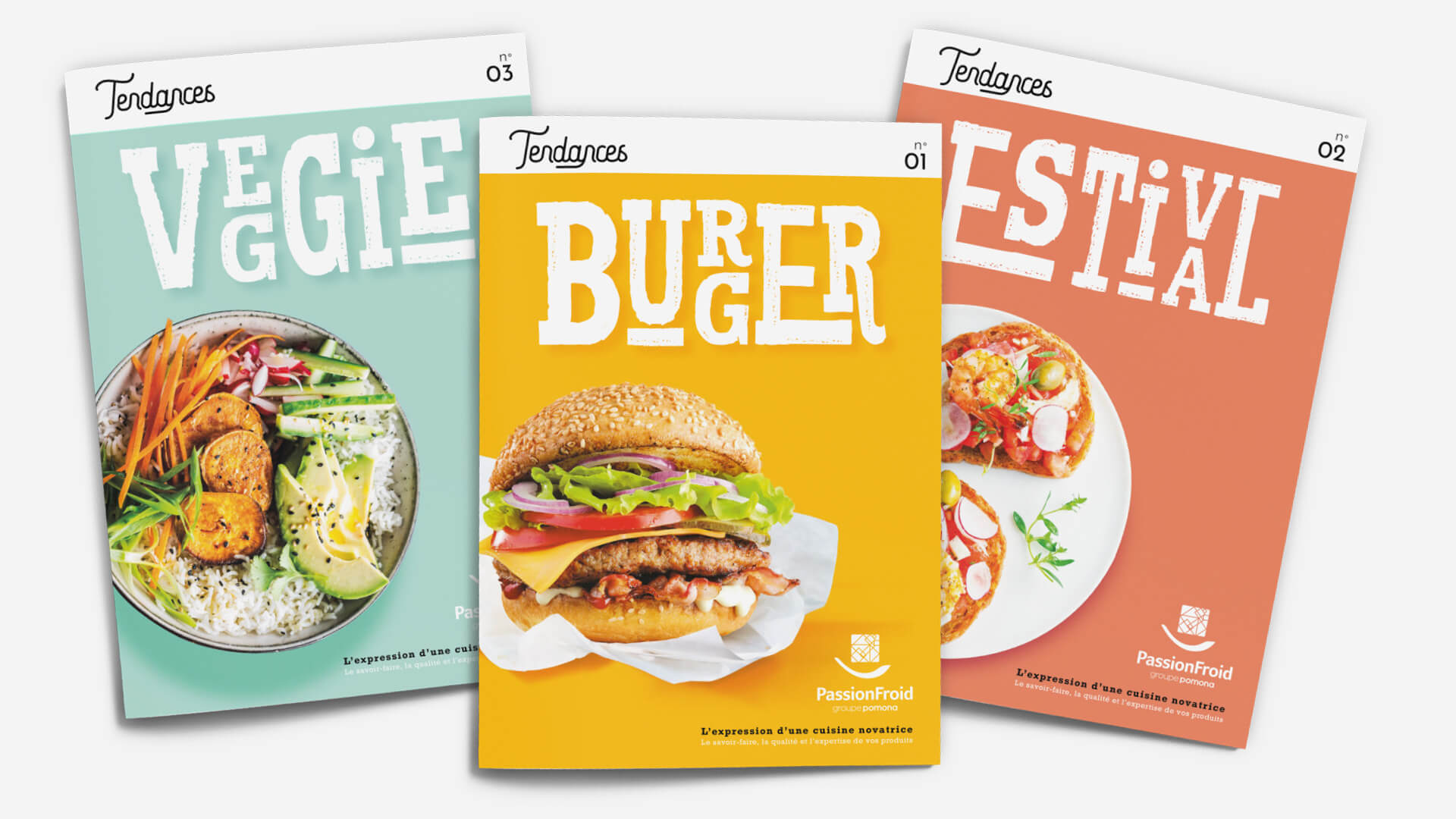 trois couvertures des catalogues Veggie, Burger et Estival 2023 Passionfroid réalisé par Becom.paris