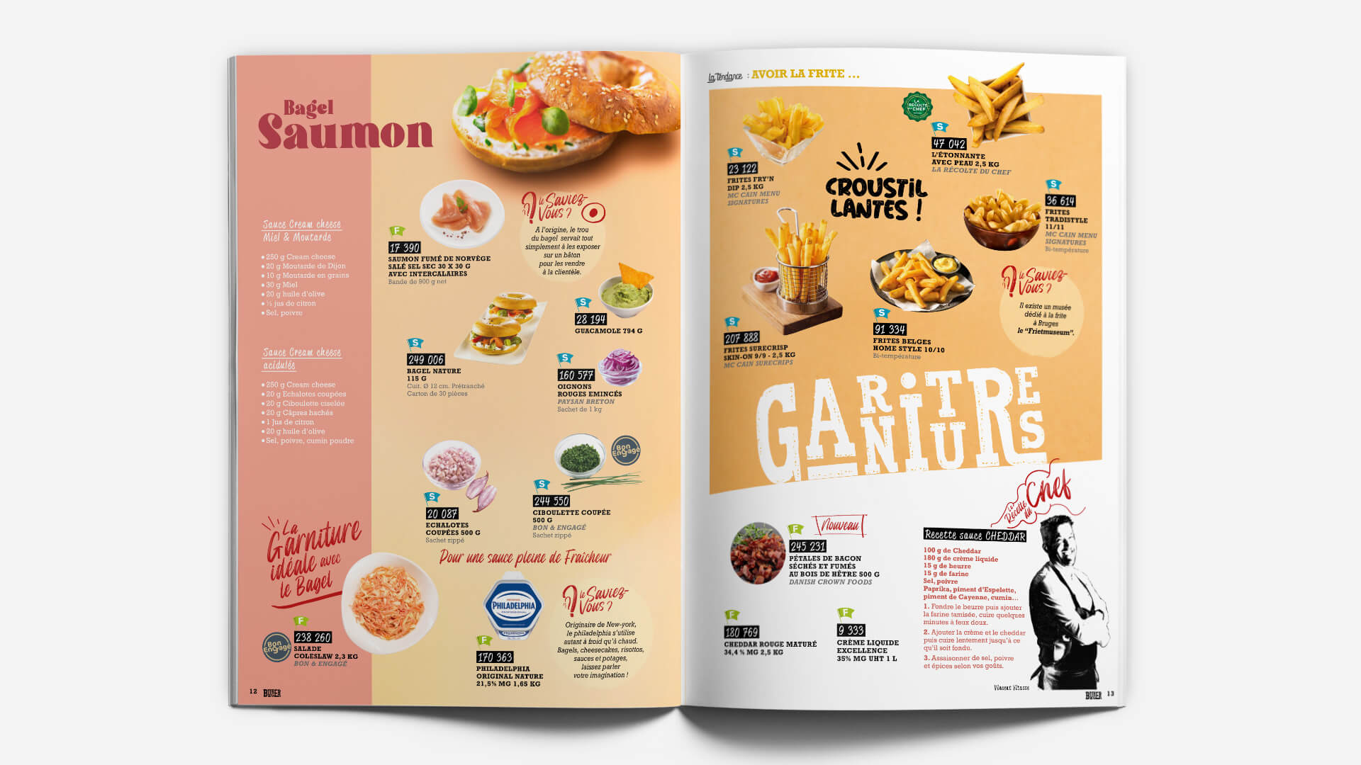 Double page frite et bagel du catalogue Burger 2023 Passionfroid réalisé par Becom.paris