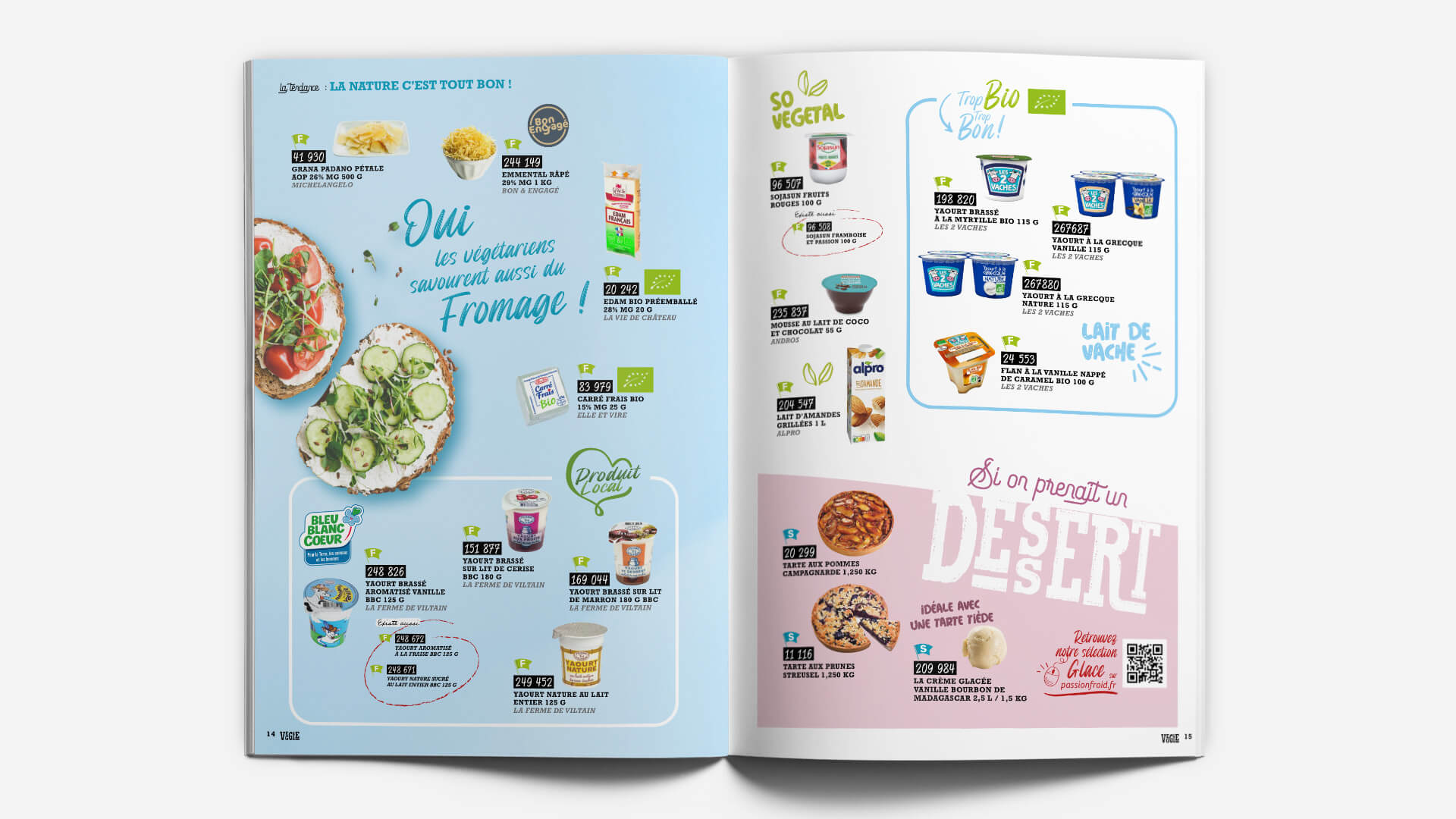 Une double page fromage et dessert du catalogue Veggie 2023 Passionfroid réalisé par Becom.paris